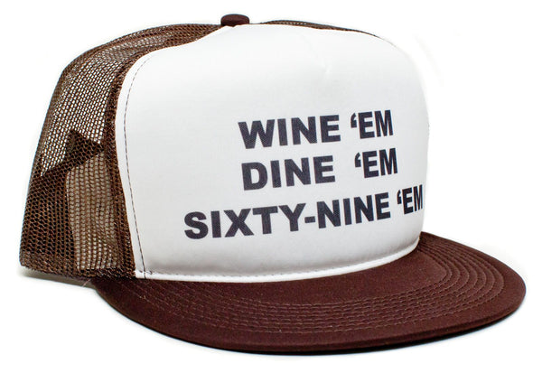 WINE 'em DINE SIXTY-NINE 69 Dumb and Dumber Sea-bass Hat Cap Flat Bill Brown