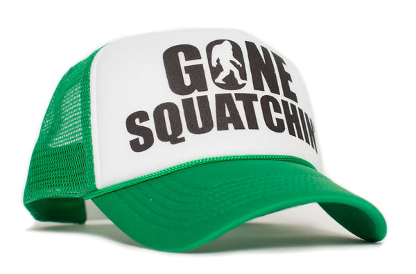 Gone Squatchin' Big Foot Sasquatch Yeti Green/White Truckers Cap Hat Curved