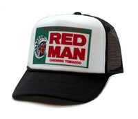 Red Man Chewing Tobacco Printed Hat Vintage Logo Truckers Cap Black/White