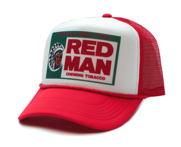 Red Man Chewing Tobacco Printed Hat Vintage Logo Truckers Cap Red/White
